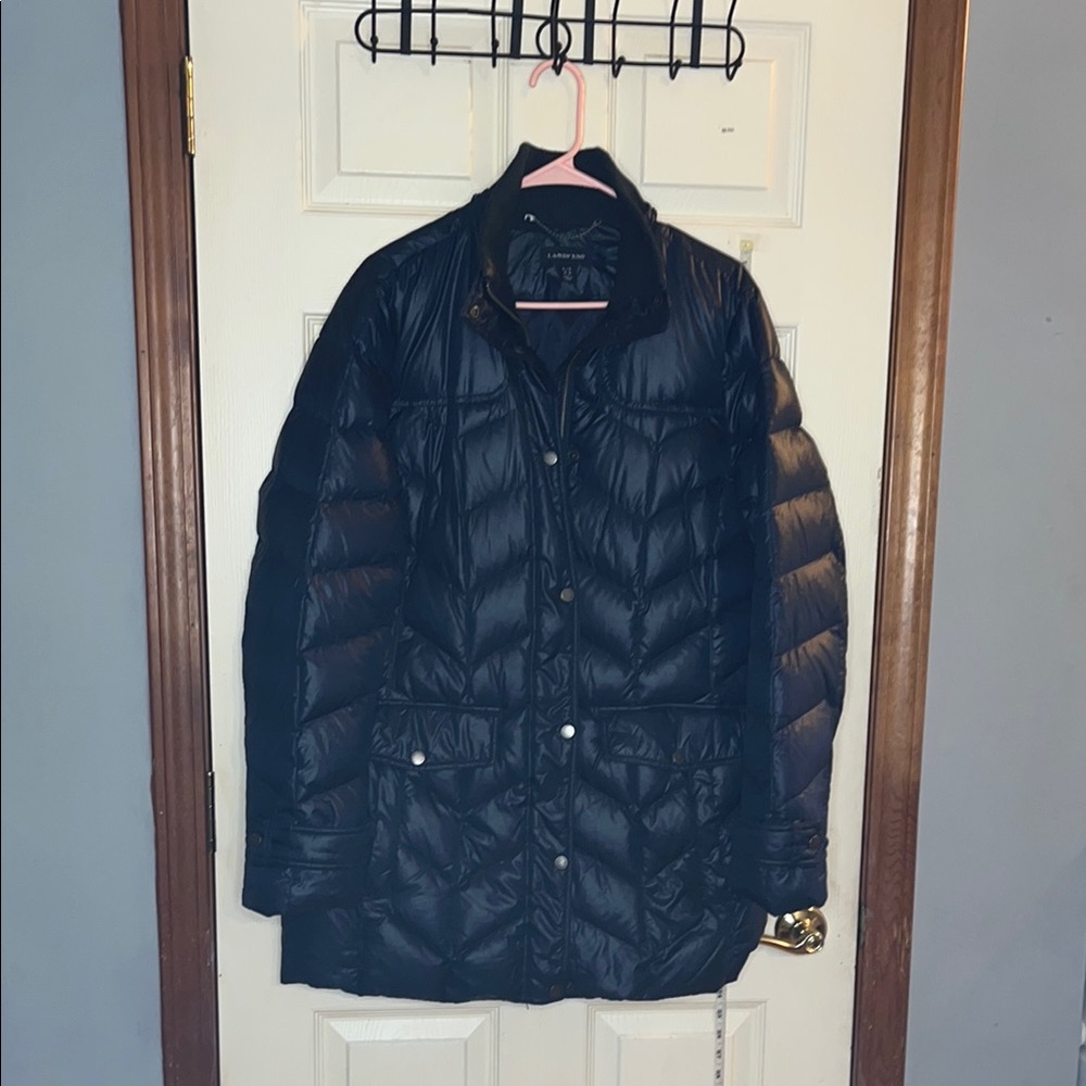 Lands' End-L/tall-navy Blue-down-Puffer, jersey collar, chevron jacket/coat.